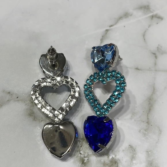 Romantic Blue Crystal Three Heart Drop Earrings - Picture 13 of 17